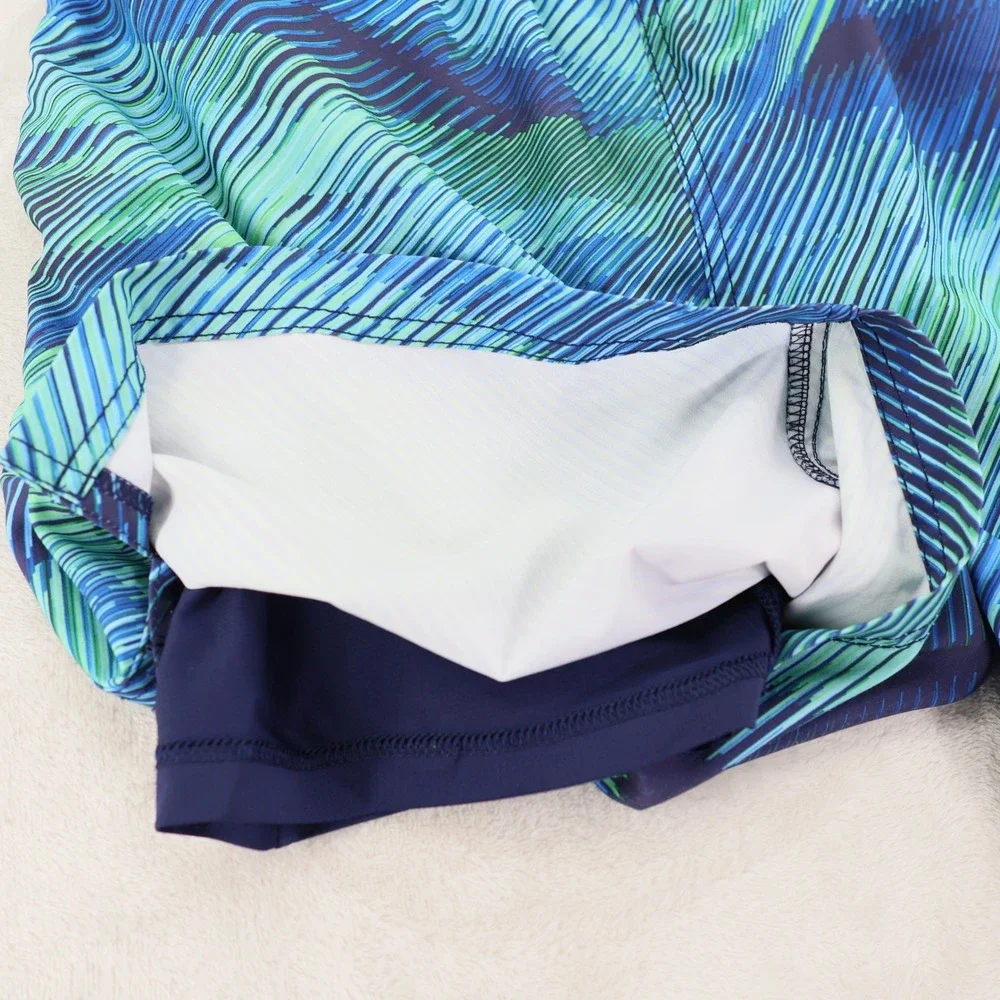 Speedo Mens Blue Green Wavy Swim Trunks Compression Liner Large 7778205